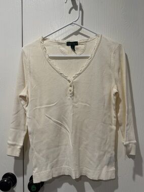 Ralph Lauren Cream Ribbed V‑Neck Henley Long Sleeve Top